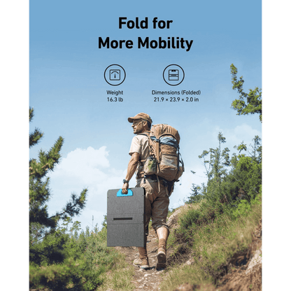 Anker SOLIX PS200 Portable Solar Panel (200W) showcasing its mobility, folded dimensions, and weight for outdoor adventures.