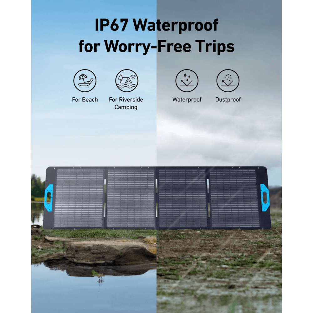 Anker SOLIX PS200 Portable Solar Panel (200W) showcasing waterproof features for outdoor adventures.