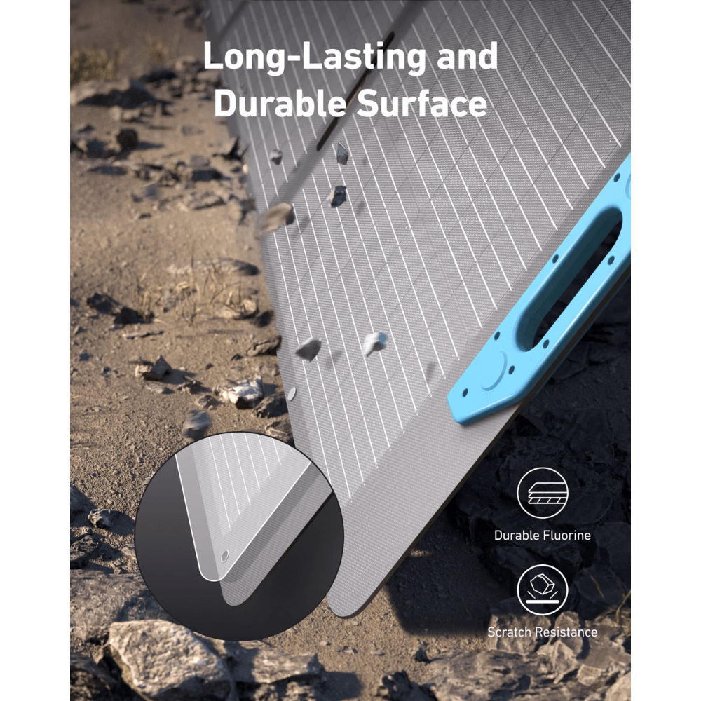 Close-up of Anker SOLIX PS200 Portable Solar Panel surface showing durability and scratch resistance features.