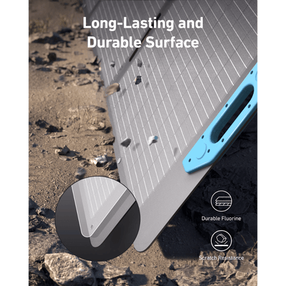 Close-up of Anker SOLIX PS200 Portable Solar Panel surface showing durability and scratch resistance features.