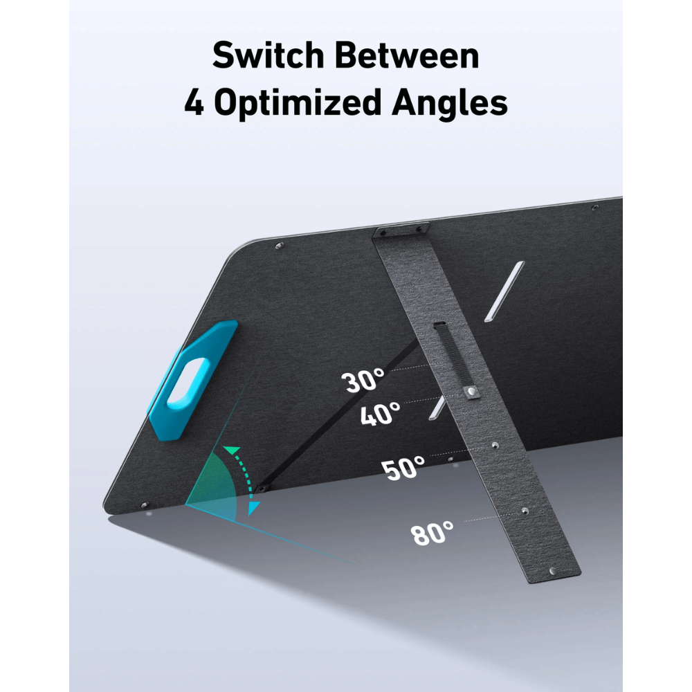 Anker SOLIX PS200 Portable Solar Panel showing adjustable angle options for optimal sun exposure.