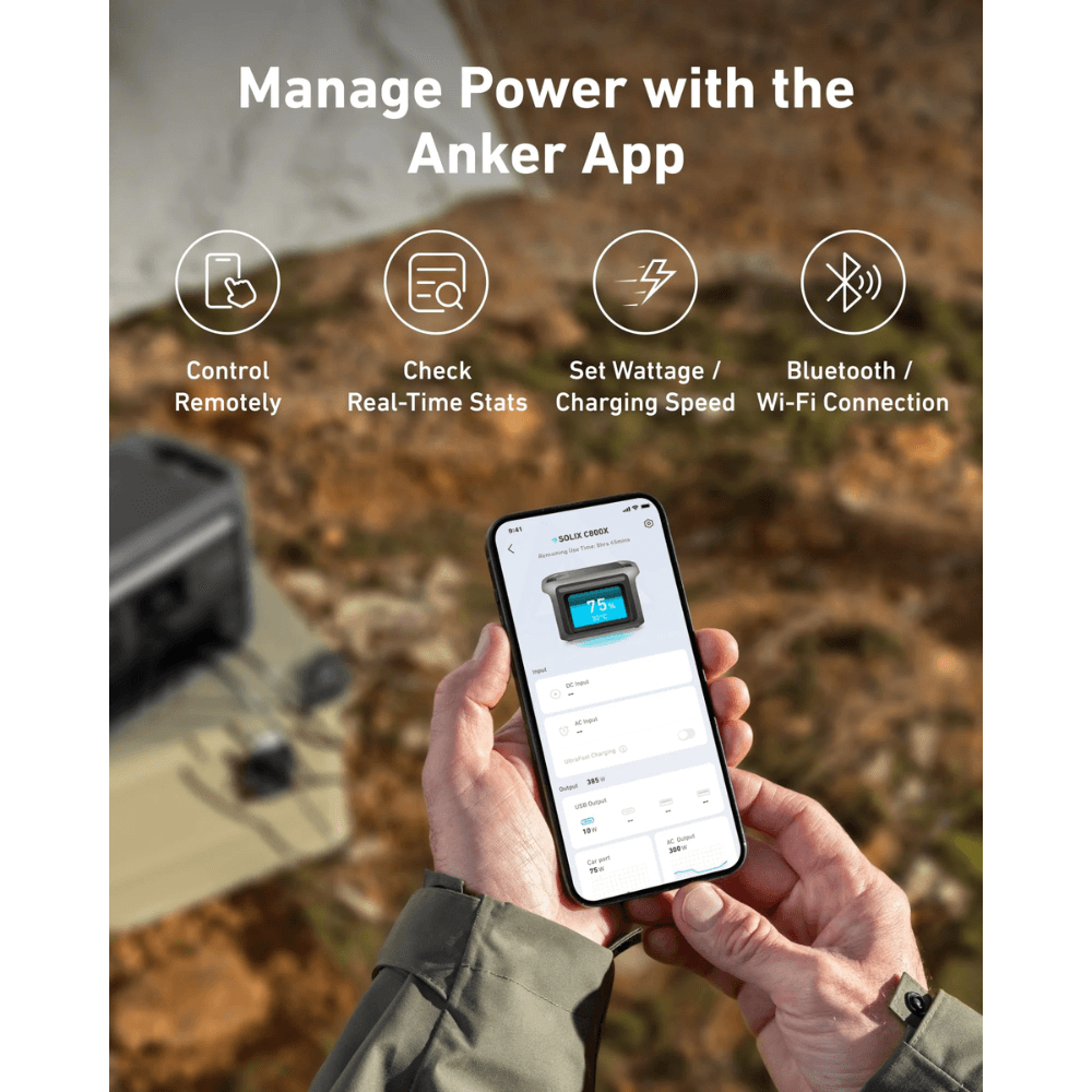 User managing Anker SOLIX C800X Solar Generator with app for real-time power control and settings.