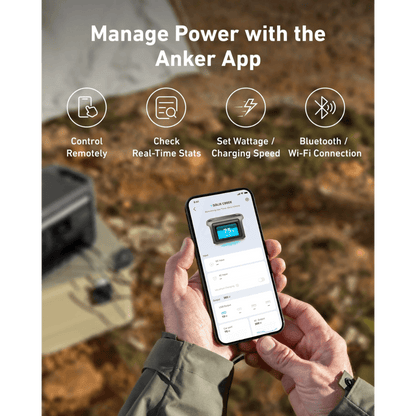 User managing Anker SOLIX C800X Solar Generator with app for real-time power control and settings.