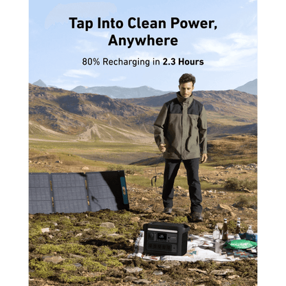 User standing next to Anker SOLIX C800X Solar Generator and solar panel in nature, promoting clean power and fast recharging.