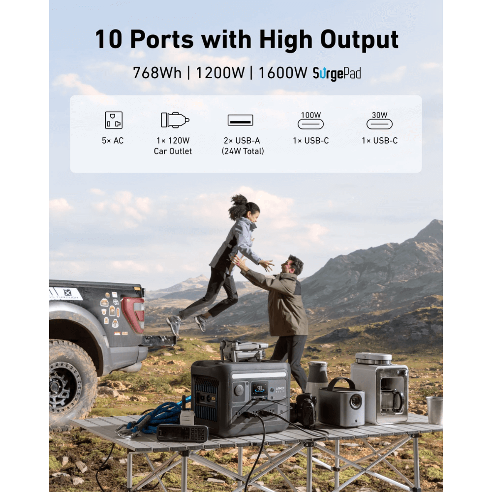 Anker SOLIX C800X Solar Generator with 10 ports, including AC, USB-A, and USB-C in outdoor setting.