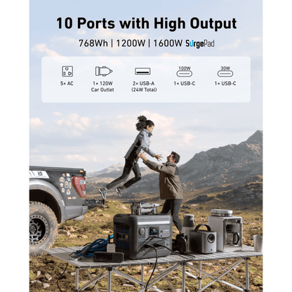 Anker SOLIX C800X Solar Generator with 10 ports, including AC, USB-A, and USB-C in outdoor setting.