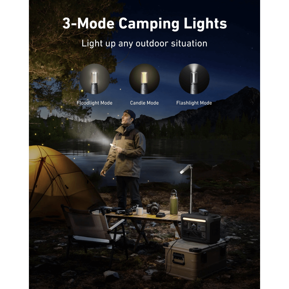 3-mode camping lights illustration showing floodlight, candle, and flashlight modes in outdoor setting.
