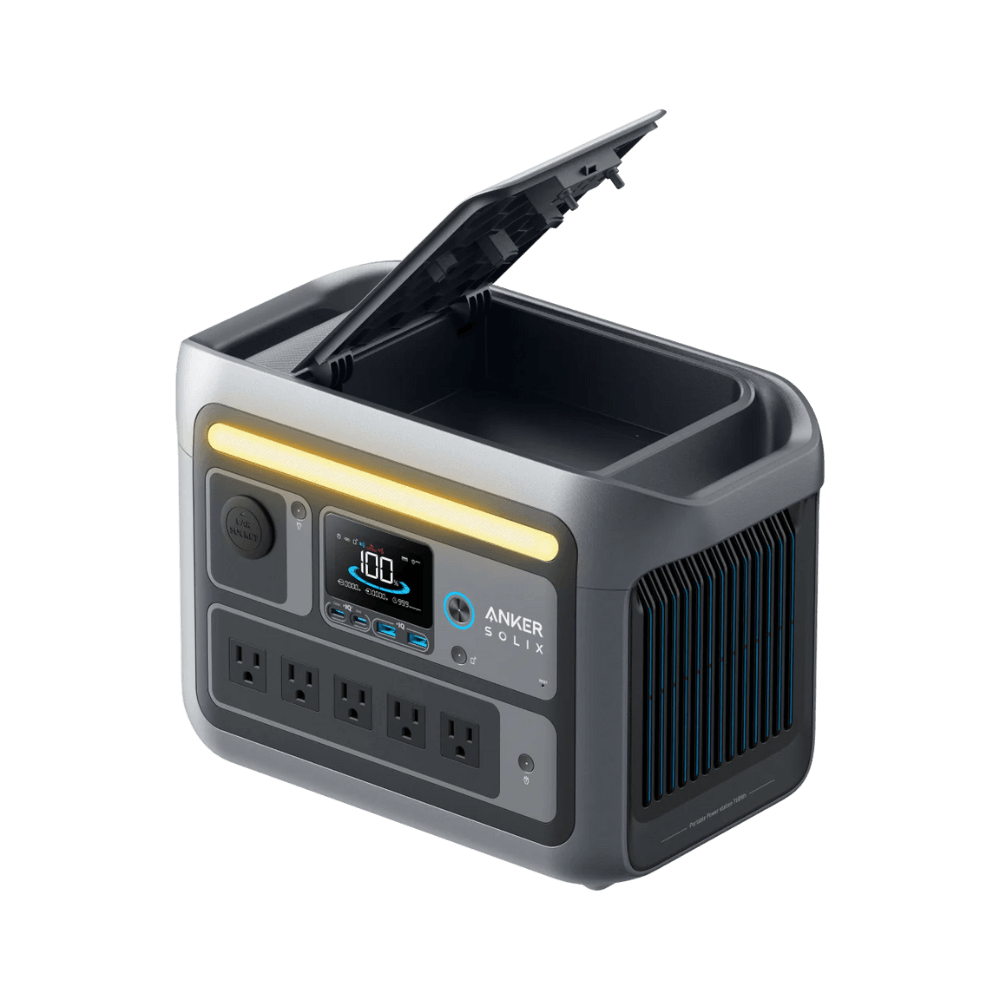 Anker SOLIX C800X Solar Generator with multiple outlets and LED display.