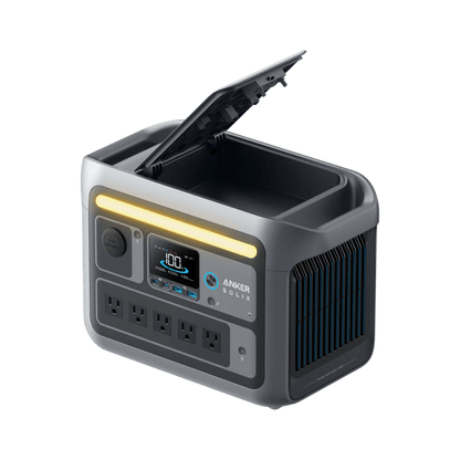 Anker SOLIX C800X Solar Generator with multiple outlets and LED display.