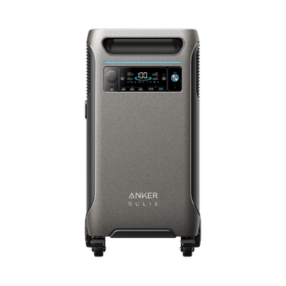 Anker SOLIX F3800 portable power station with digital display and wheels for easy transport.