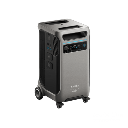 Anker SOLIX F3800 Plus + Expansion Battery portable power station with wheels and control panel.