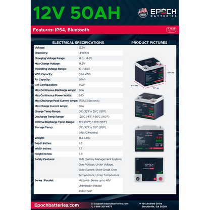 Epoch Batteries - 12V 50Ah Essential Series - Bluetooth LiFePO4 Battery