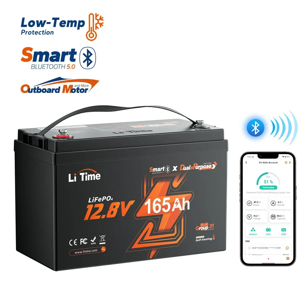 LiTime 12V 165Ah 1200 CCA Dual-Purpose Marine Bluetooth Lithium Battery