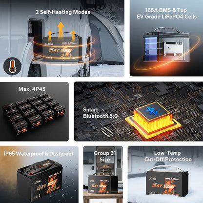 LiTime 12V 165Ah Bluetooth Self-Heating LiFePO4 Lithium Battery