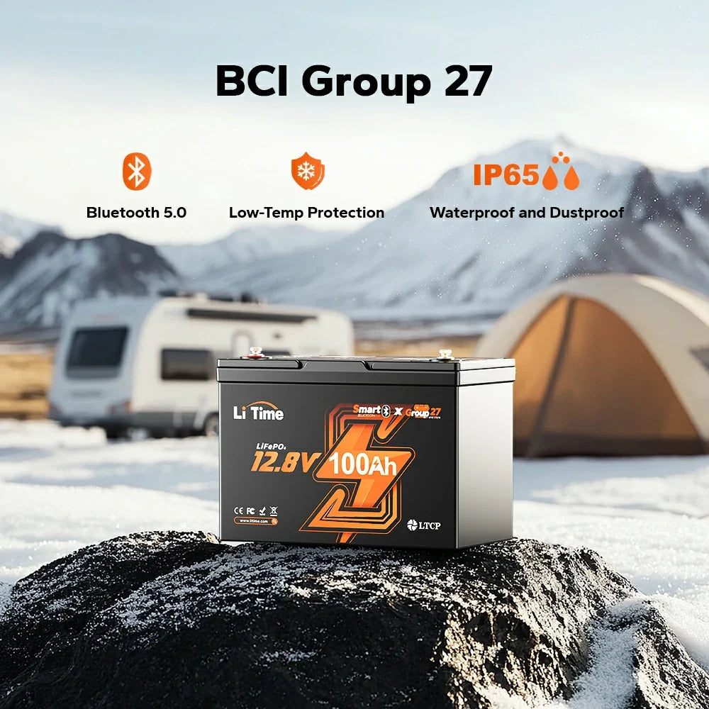 LiTime 12V 100Ah Group 27 Bluetooth LiFePO4 Lithium Battery