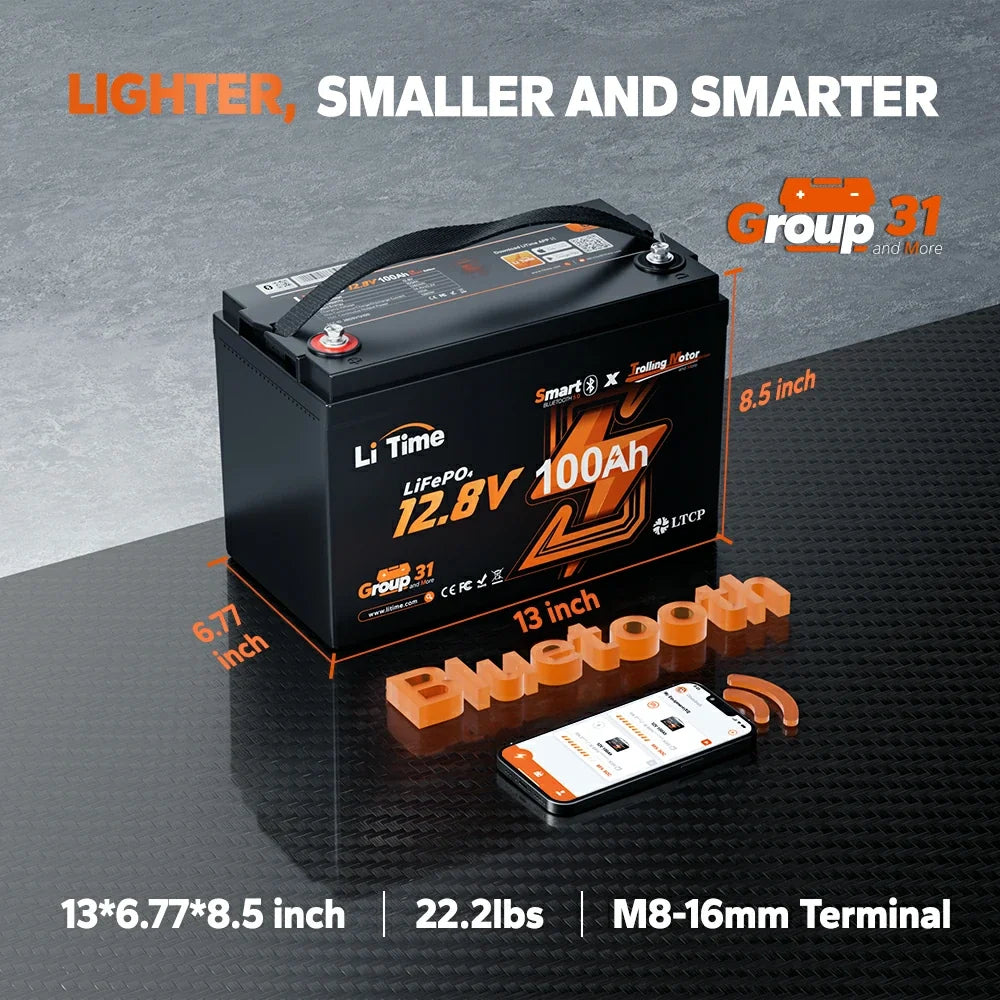 LiTime 12V 100Ah TM Bluetooth Trolling Motor LiFePO4 Lithium Battery