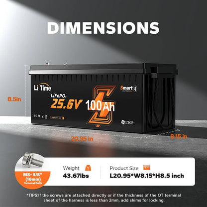 LiTime 24V 100Ah Bluetooth LiFePO4 Lithium Battery with Low-Temp Protection