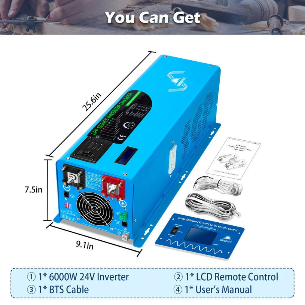 SunGoldPower 6000W 24V Split Phase Pure Sine Wave Inverter Charger | 120V/240V | Peak 18,000W