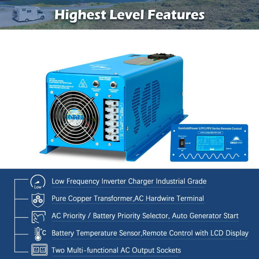 SunGoldPower 6000W 24V Split Phase Pure Sine Wave Inverter Charger | 120V/240V | Peak 18,000W