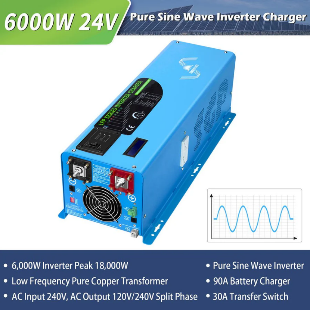 SunGoldPower 6000W 24V Split Phase Pure Sine Wave Inverter Charger | 120V/240V | Peak 18,000W