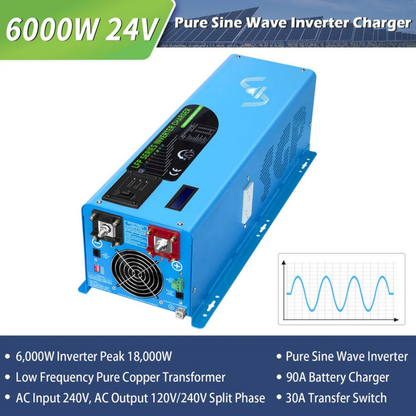 SunGoldPower 6000W 24V Split Phase Pure Sine Wave Inverter Charger | 120V/240V | Peak 18,000W