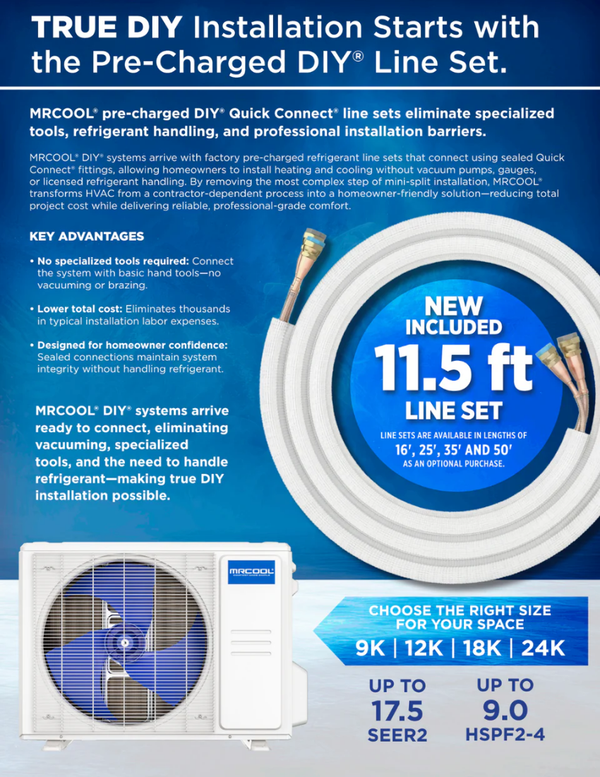 MRCOOL DIY Select 12K BTU Single Zone Mini Split System 115V with 11.5 ft. Quick Connect Line Set