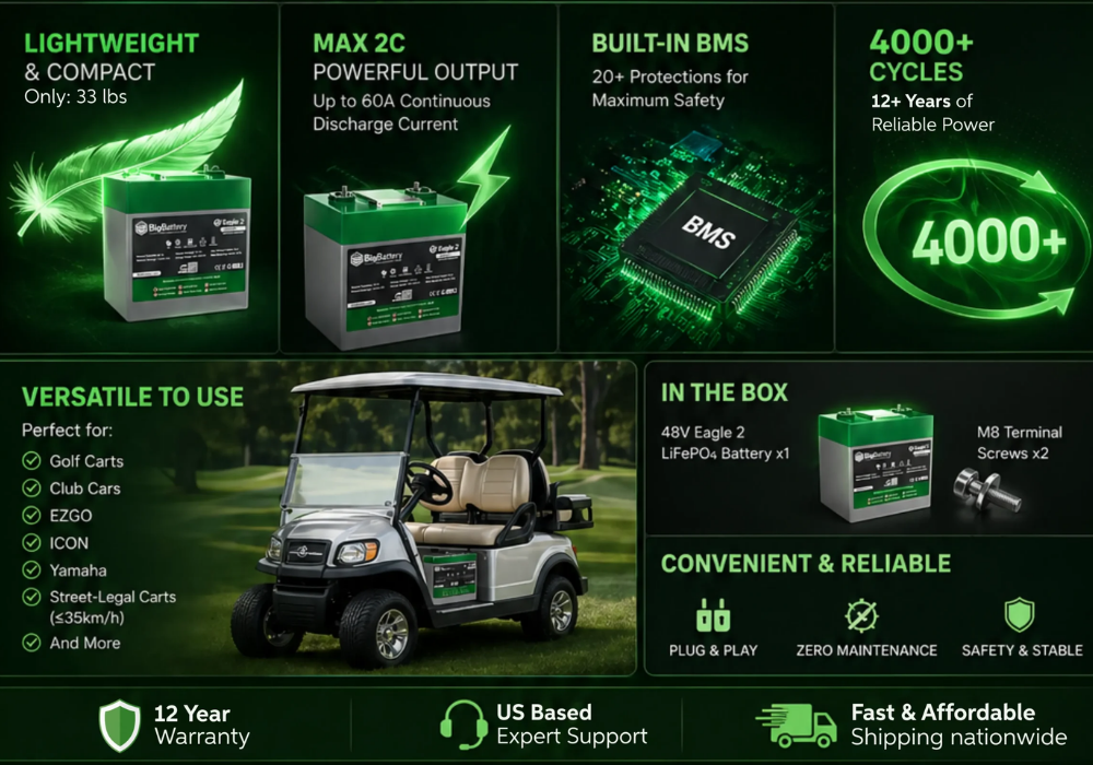 BigBattery 48V EAGLE 2 32Ah 1.63kWh LiFePO4 Golf and Utility Cart Battery
