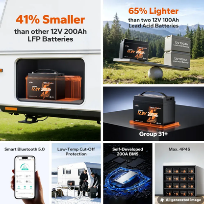LiTime 12V 200Ah Xtra Mini Group 31 Bluetooth Lithium Battery for RV, Camping & Off-Grid