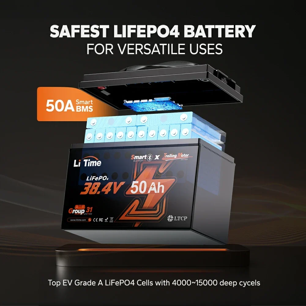 LiTime 36V 50Ah Group 31 LiFePO4 Trolling Motor Battery with Bluetooth
