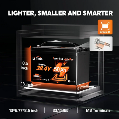 LiTime 36V 50Ah Group 31 LiFePO4 Trolling Motor Battery with Bluetooth