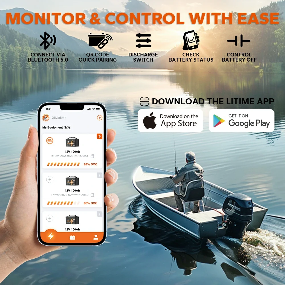 LiTime 12V 100Ah OBM Bluetooth Electric Outboard Motor Lithium Battery