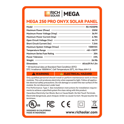 RICH SOLAR - MEGA 250 PRO 250 Watt 24 Volt Solar Panel