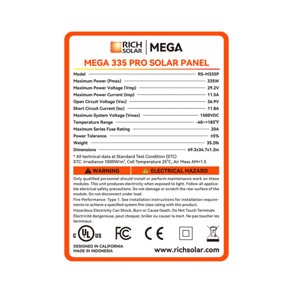 RICH SOLAR -MEGA 335 Watt Monocrystalline Solar Panel (8 Panels)