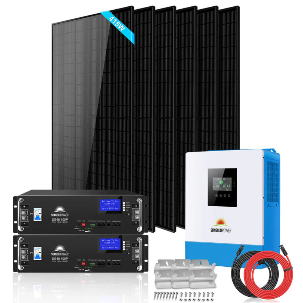 SunGoldPower - Off-Grid Solar Kit 5000W 48VDC 120V LifePo4 10.24KWH Lithium Battery 6 X 415 Watts Solar Panels SGR-5KE