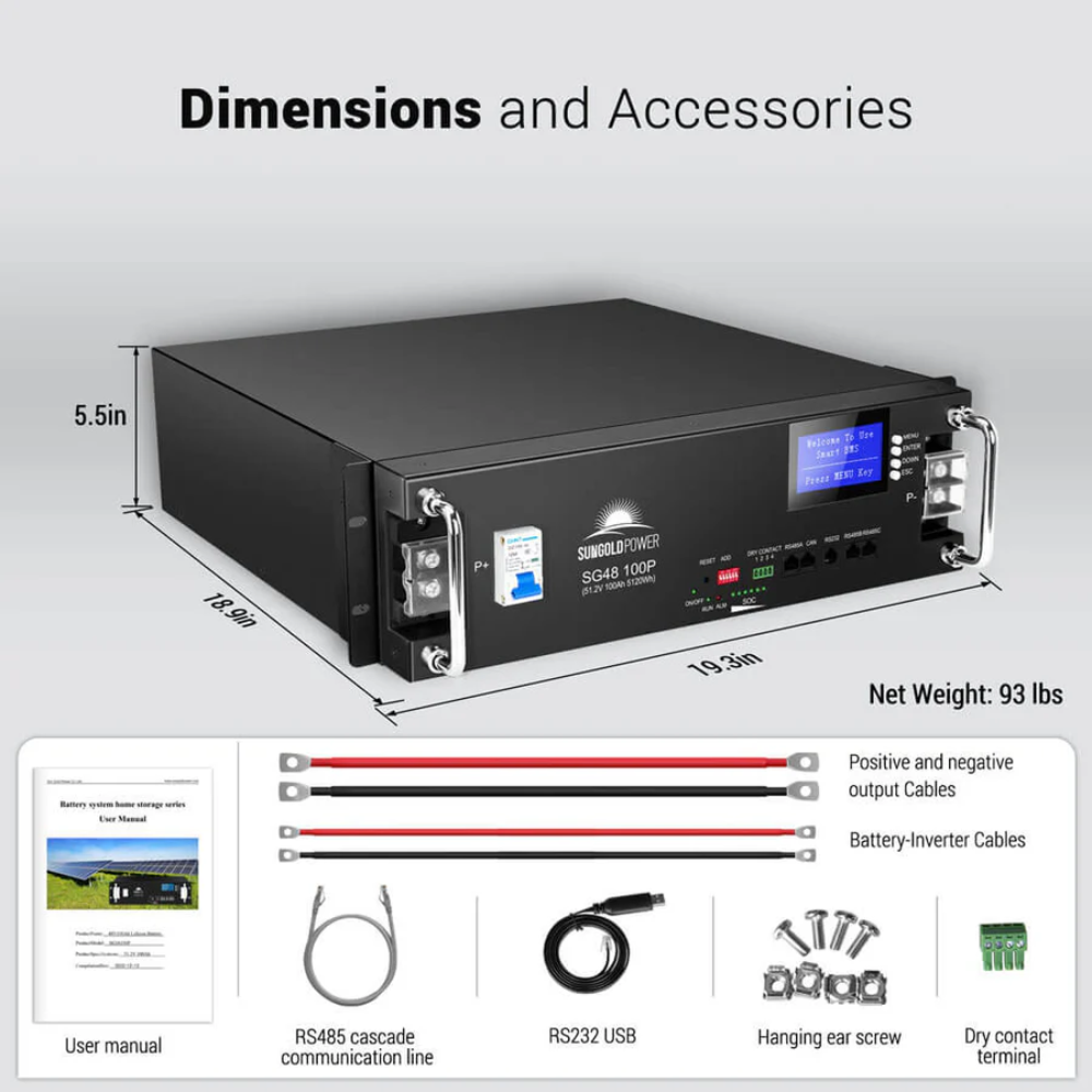 SunGoldPower - 48V 100AH Server Rack LiFePO4 Lithium Battery