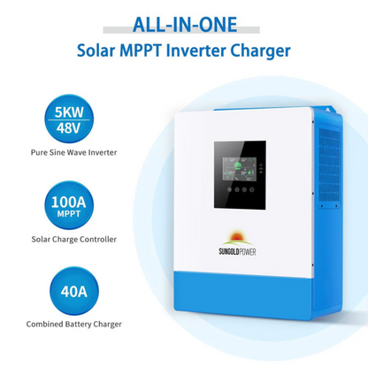 SunGoldPower - Off-Grid Solar Kit 5000W 48VDC 120V 10.24KWH PowerWall Lithium Battery 6 X 370 Watts Solar Panels SGM-5K10M