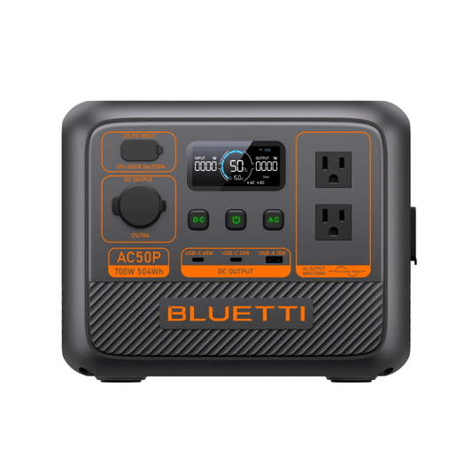 BLUETTI AC50P Portable Power Station with display, multiple outputs, and 500Wh capacity for reliable energy
