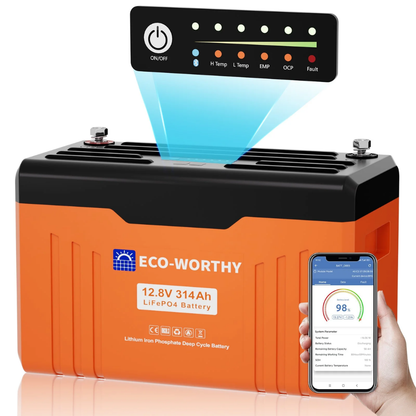 ECO-WORTHY EnergyTrek 12V 314Ah LiFePO4 Lithium Battery with Bluetooth, SOC LEDs & Low-Temp Protection